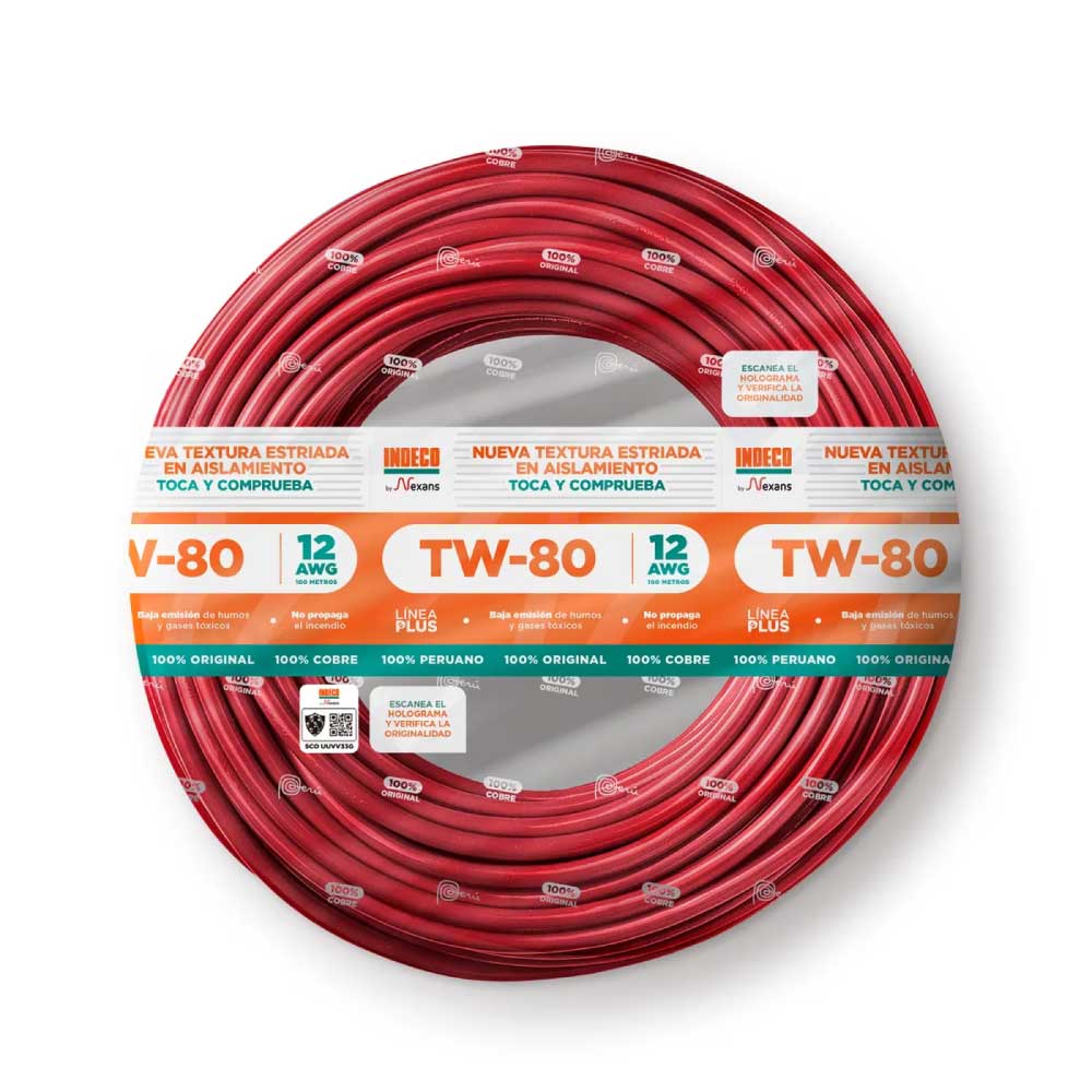 Cable TW-80 +plus 450/750 V 12 AWG Rojo Indeco